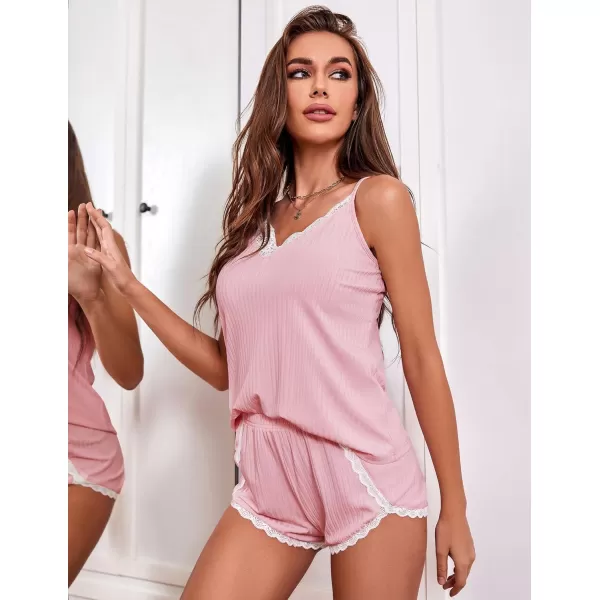 Ekouaer Womens Pajama Sets Soft Lingerie Sleepwear 2 Piece Cami Shorts Set V Neck Pj Lace NightwearPink