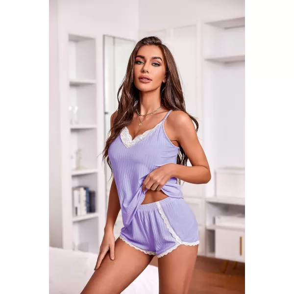 Ekouaer Womens Pajama Sets Soft Lingerie Sleepwear 2 Piece Cami Shorts Set V Neck Pj Lace NightwearPurple