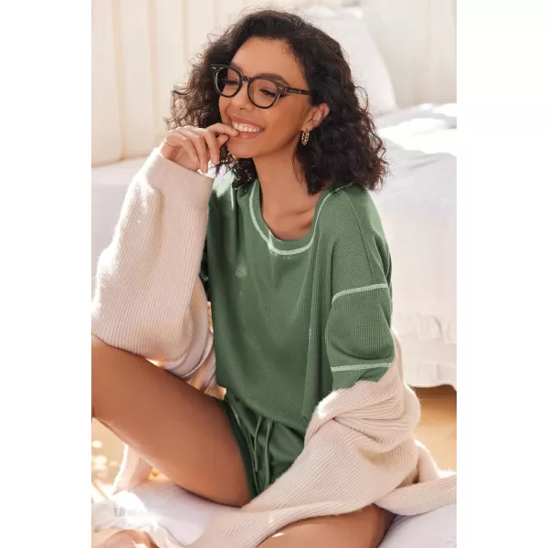 Ekouaer Womens Pajama Sets Waffle Knit Lounge Set Two Piece Loungewear Matching Outfits Set With PocketsDark Green