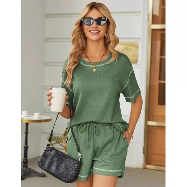 Ekouaer Womens Pajama Sets Waffle Knit Lounge Set Two Piece Loungewear Matching Outfits Set With PocketsDark Green