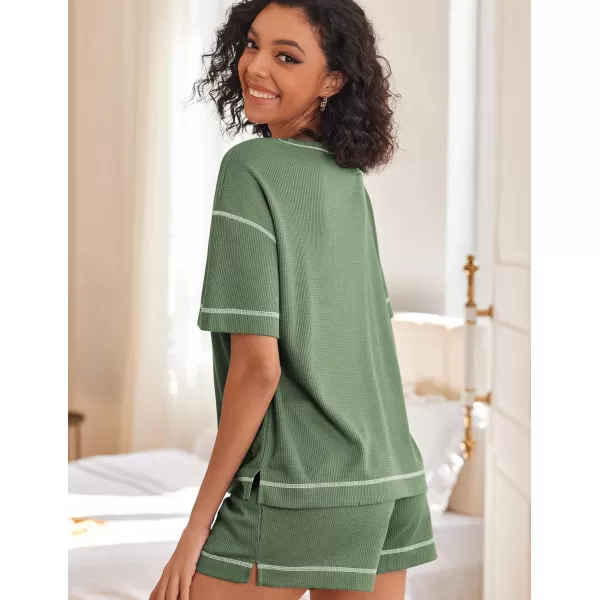 Ekouaer Womens Pajama Sets Waffle Knit Lounge Set Two Piece Loungewear Matching Outfits Set With PocketsDark Green