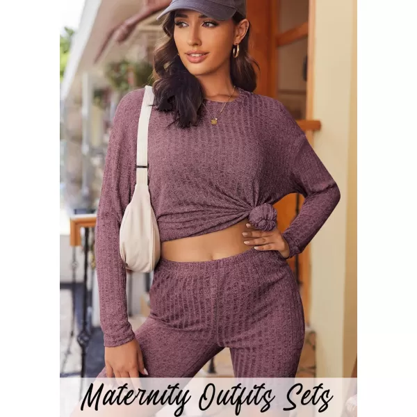 Ekouaer Womens Pajamas 2 Piece Short Sets Ribbed Knit Matching Lounge Set Biker Outfits Loose Loungewear Sweater PjsBurgundy