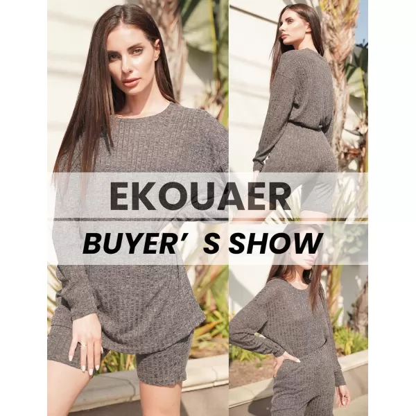 Ekouaer Womens Pajamas 2 Piece Short Sets Ribbed Knit Matching Lounge Set Biker Outfits Loose Loungewear Sweater PjsCamel