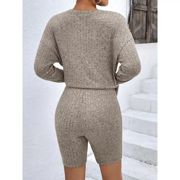 Ekouaer Womens Pajamas 2 Piece Short Sets Ribbed Knit Matching Lounge Set Biker Outfits Loose Loungewear Sweater PjsCamel