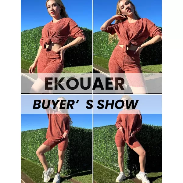 Ekouaer Womens Pajamas 2 Piece Short Sets Ribbed Knit Matching Lounge Set Biker Outfits Loose Loungewear Sweater PjsPumpkin