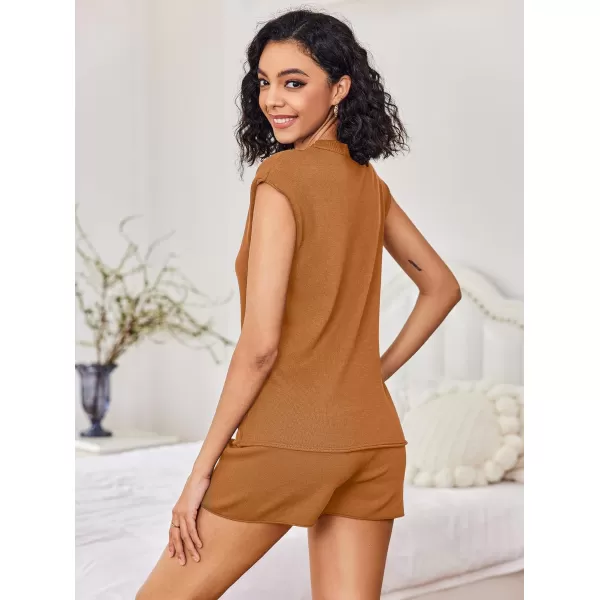 Ekouaer Womens Pajamas Cap Sleeve Knit Lounge Set 2 Piece Soft Pjs Loungewear Sweater SetsLight Brown