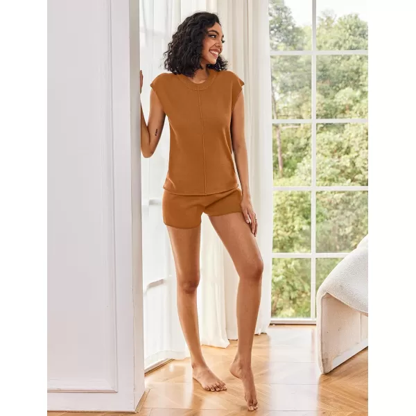 Ekouaer Womens Pajamas Cap Sleeve Knit Lounge Set 2 Piece Soft Pjs Loungewear Sweater SetsLight Brown