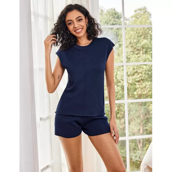 Ekouaer Womens Pajamas Cap Sleeve Knit Lounge Set 2 Piece Soft Pjs Loungewear Sweater SetsNavy Blue