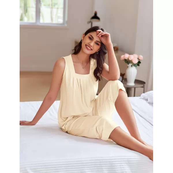 Ekouaer Womens Pajamas Loose Fit Pleated Square Neck Sleeveless Tops and Capri Pants Lounge Sets 2 Piece Outfits S3XLBeige