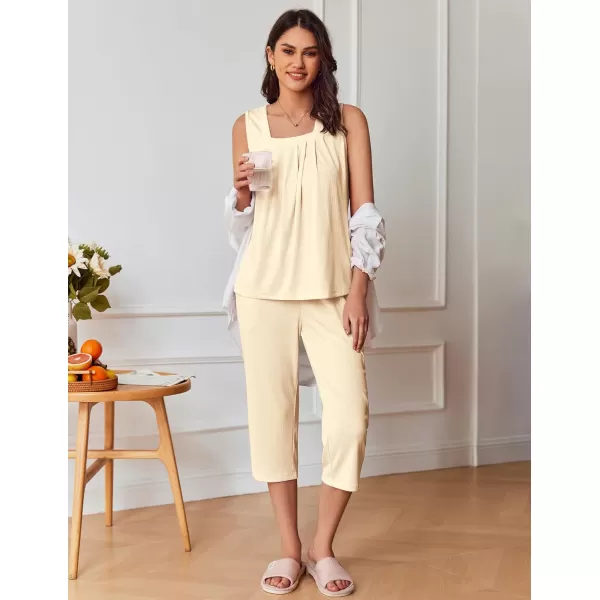 Ekouaer Womens Pajamas Loose Fit Pleated Square Neck Sleeveless Tops and Capri Pants Lounge Sets 2 Piece Outfits S3XLBeige