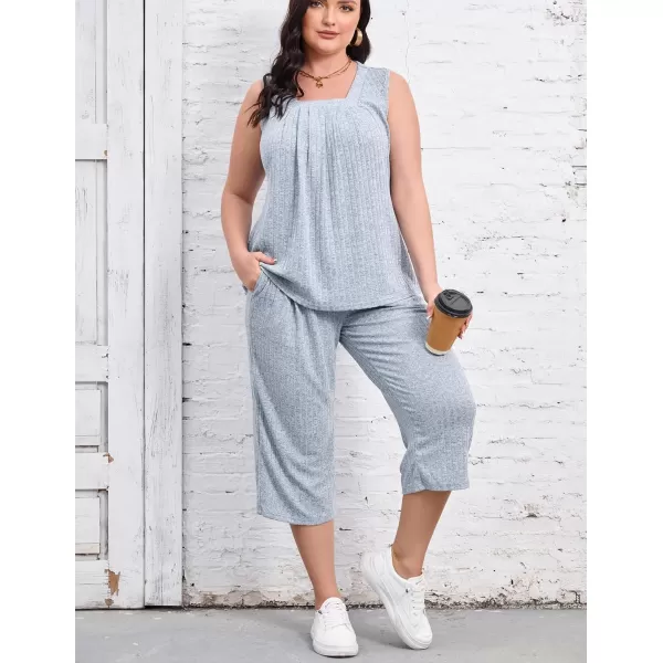 Ekouaer Womens Pajamas Loose Fit Pleated Square Neck Sleeveless Tops and Capri Pants Lounge Sets 2 Piece Outfits S3XLBlue