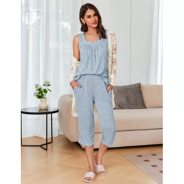 Ekouaer Womens Pajamas Loose Fit Pleated Square Neck Sleeveless Tops and Capri Pants Lounge Sets 2 Piece Outfits S3XLBlue