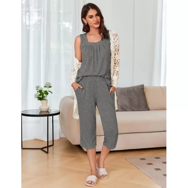 Ekouaer Womens Pajamas Loose Fit Pleated Square Neck Sleeveless Tops and Capri Pants Lounge Sets 2 Piece Outfits S3XLGray