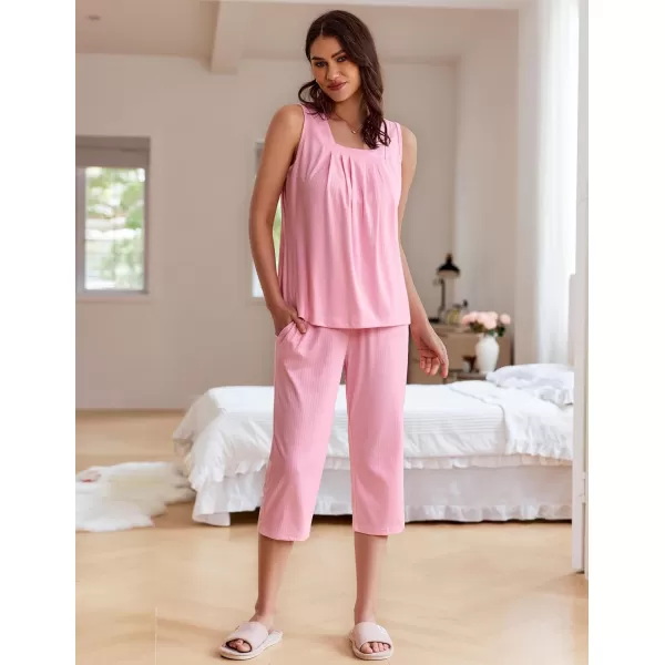 Ekouaer Womens Pajamas Loose Fit Pleated Square Neck Sleeveless Tops and Capri Pants Lounge Sets 2 Piece Outfits S3XLPink