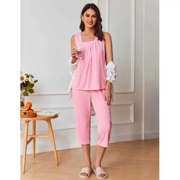 Ekouaer Womens Pajamas Loose Fit Pleated Square Neck Sleeveless Tops and Capri Pants Lounge Sets 2 Piece Outfits S3XLPink