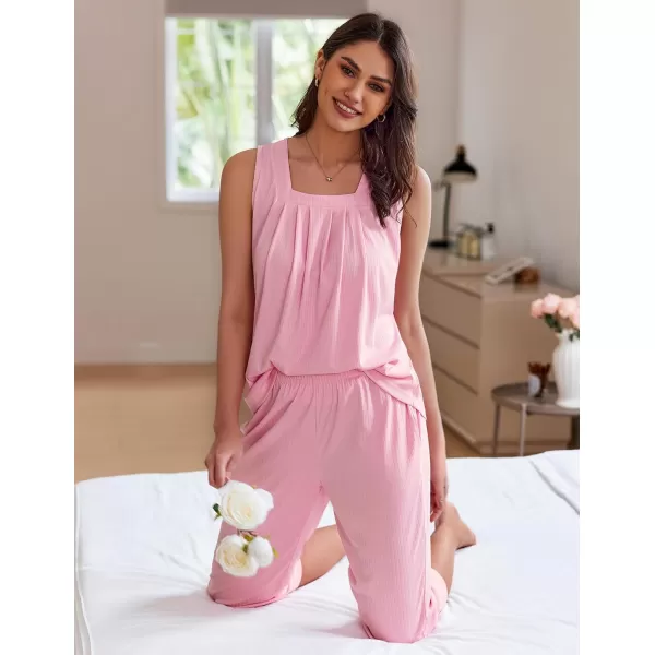 Ekouaer Womens Pajamas Loose Fit Pleated Square Neck Sleeveless Tops and Capri Pants Lounge Sets 2 Piece Outfits S3XLPink