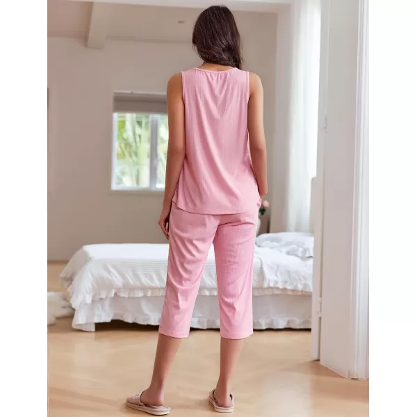 Ekouaer Womens Pajamas Loose Fit Pleated Square Neck Sleeveless Tops and Capri Pants Lounge Sets 2 Piece Outfits S3XLPink