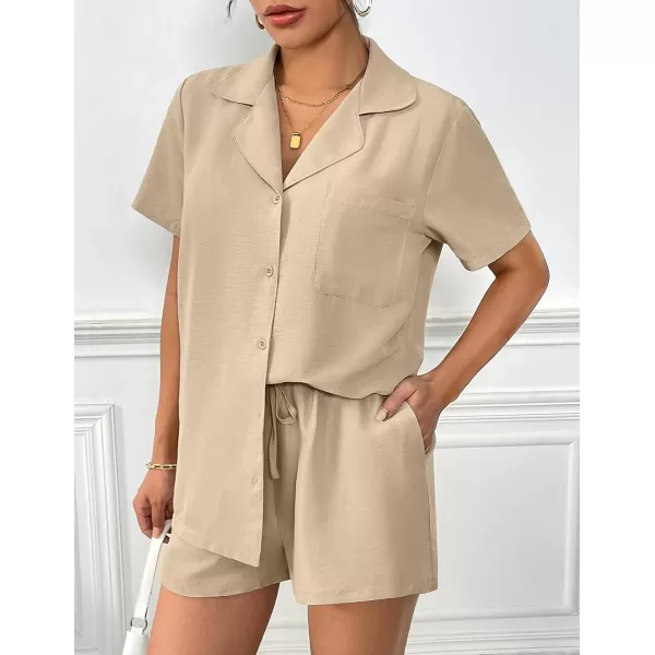 Ekouaer Womens Pajamas Set Classic Short Sleeve Lounge Shorts Set Button Down Shirts 2 Piece Outfit with Pockets01 Khaki