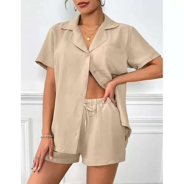 Ekouaer Womens Pajamas Set Classic Short Sleeve Lounge Shorts Set Button Down Shirts 2 Piece Outfit with Pockets01 Khaki