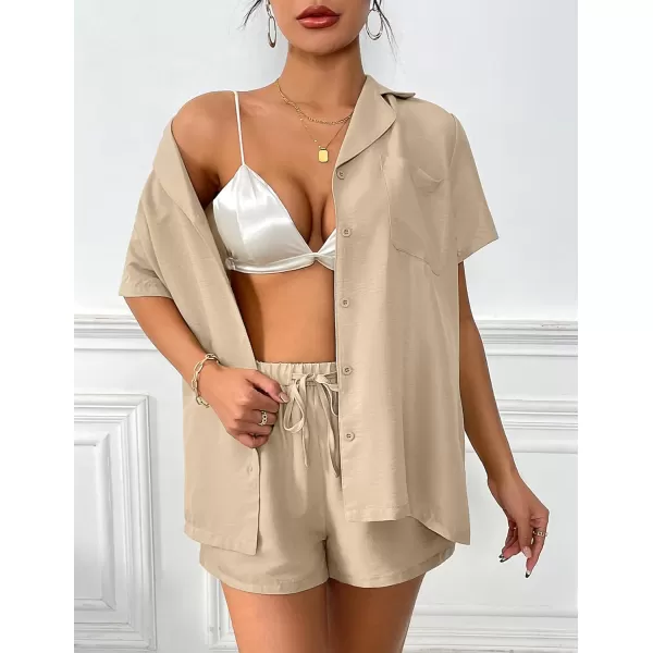 Ekouaer Womens Pajamas Set Classic Short Sleeve Lounge Shorts Set Button Down Shirts 2 Piece Outfit with Pockets01 Khaki