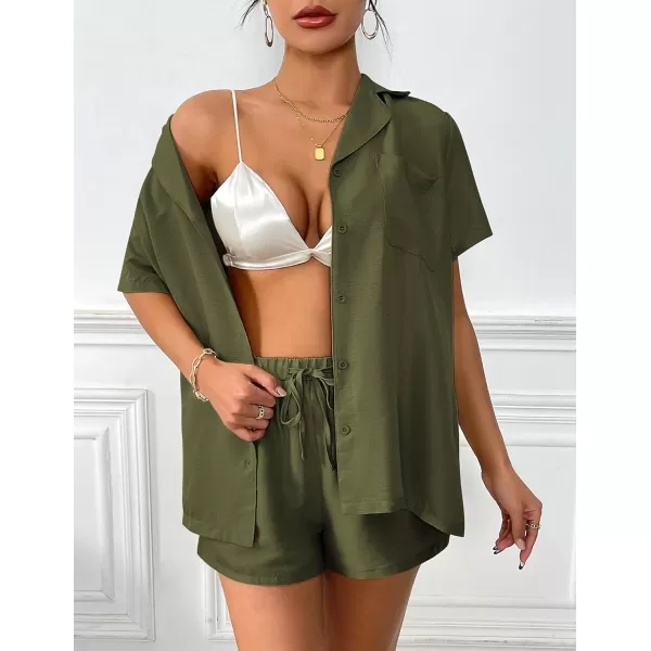 Ekouaer Womens Pajamas Set Classic Short Sleeve Lounge Shorts Set Button Down Shirts 2 Piece Outfit with PocketsArmy Green