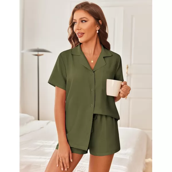 Ekouaer Womens Pajamas Set Classic Short Sleeve Lounge Shorts Set Button Down Shirts 2 Piece Outfit with PocketsArmy Green