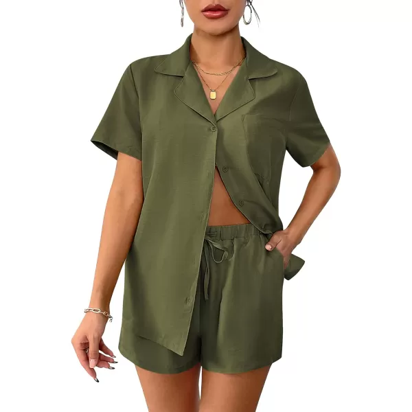 Ekouaer Womens Pajamas Set Classic Short Sleeve Lounge Shorts Set Button Down Shirts 2 Piece Outfit with PocketsArmy Green