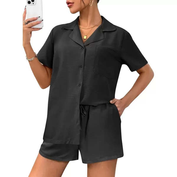 Ekouaer Womens Pajamas Set Classic Short Sleeve Lounge Shorts Set Button Down Shirts 2 Piece Outfit with PocketsBlack