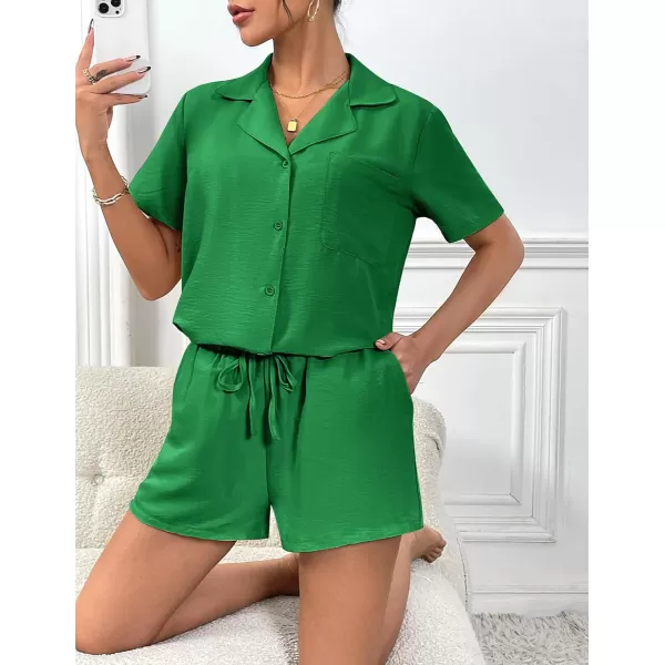 Ekouaer Womens Pajamas Set Classic Short Sleeve Lounge Shorts Set Button Down Shirts 2 Piece Outfit with PocketsGreen