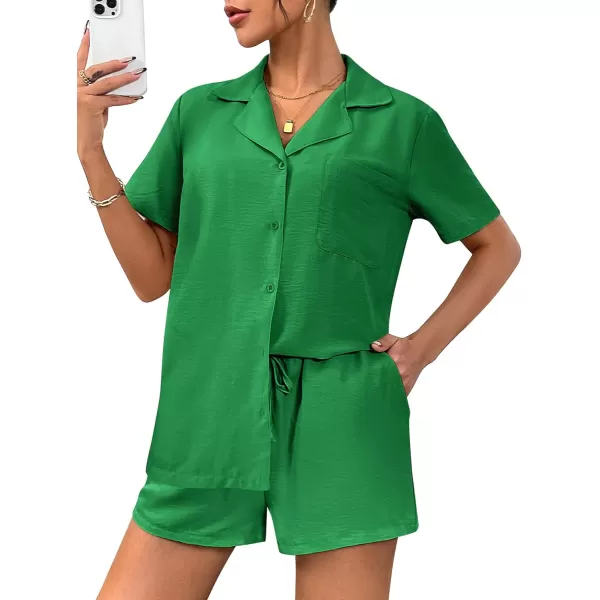 Ekouaer Womens Pajamas Set Classic Short Sleeve Lounge Shorts Set Button Down Shirts 2 Piece Outfit with PocketsGreen