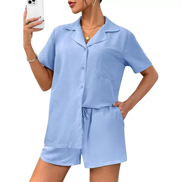 Ekouaer Womens Pajamas Set Classic Short Sleeve Lounge Shorts Set Button Down Shirts 2 Piece Outfit with PocketsLight Blue