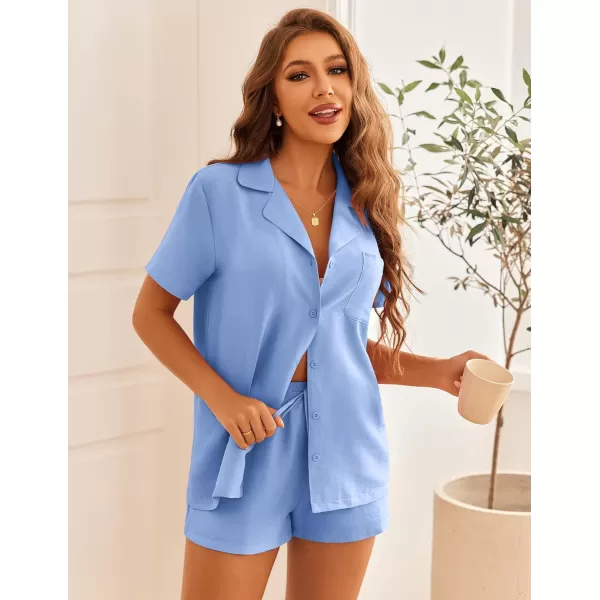 Ekouaer Womens Pajamas Set Classic Short Sleeve Lounge Shorts Set Button Down Shirts 2 Piece Outfit with PocketsLight Blue