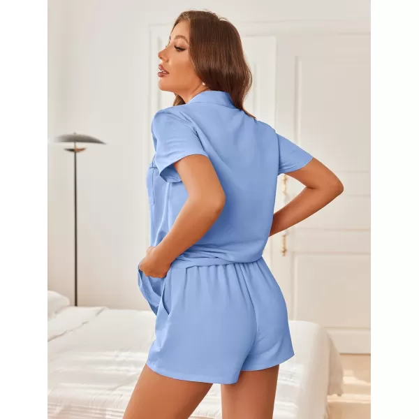 Ekouaer Womens Pajamas Set Classic Short Sleeve Lounge Shorts Set Button Down Shirts 2 Piece Outfit with PocketsLight Blue