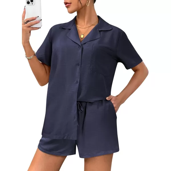 Ekouaer Womens Pajamas Set Classic Short Sleeve Lounge Shorts Set Button Down Shirts 2 Piece Outfit with PocketsNavy Blue