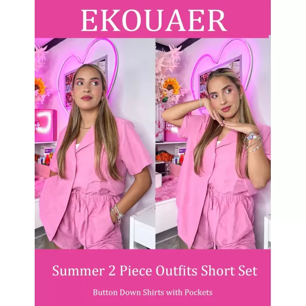 Ekouaer Womens Pajamas Set Classic Short Sleeve Lounge Shorts Set Button Down Shirts 2 Piece Outfit with PocketsPink