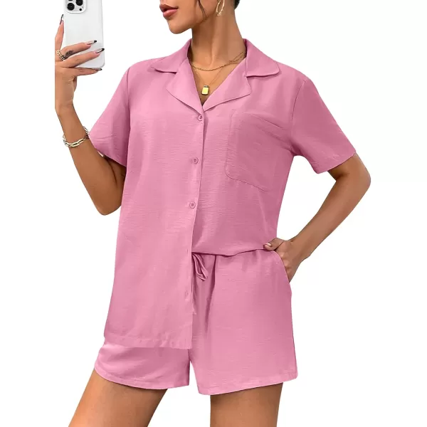 Ekouaer Womens Pajamas Set Classic Short Sleeve Lounge Shorts Set Button Down Shirts 2 Piece Outfit with PocketsPink