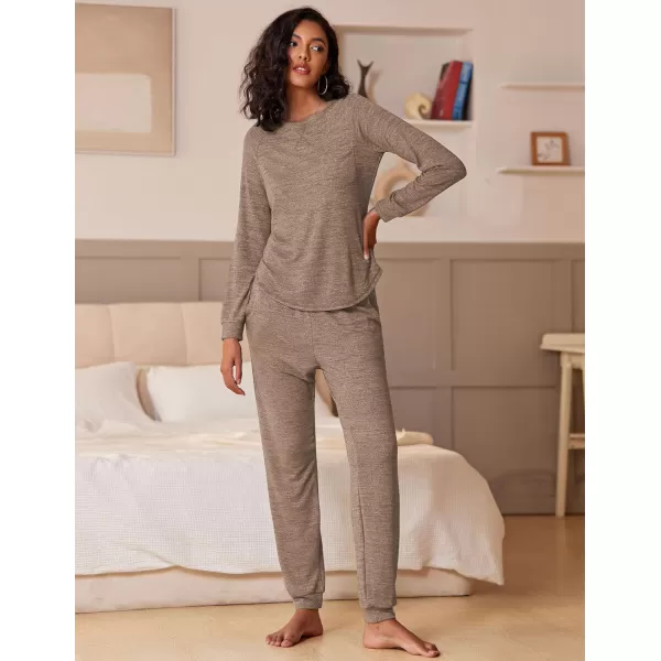 Ekouaer Womens Pajamas Set Long Sleeve Loungewear Soft Joggers Lounge Set with PocketsBrown