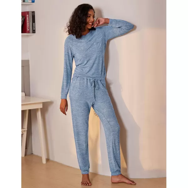 Ekouaer Womens Pajamas Set Long Sleeve Loungewear Soft Joggers Lounge Set with PocketsLight Blue