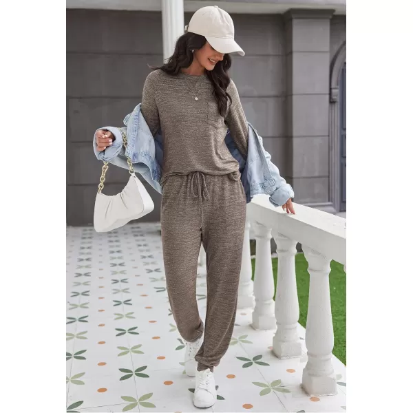 Ekouaer Womens Pajamas Set Long Sleeve Loungewear Soft Joggers Lounge Set with PocketsLight Brown