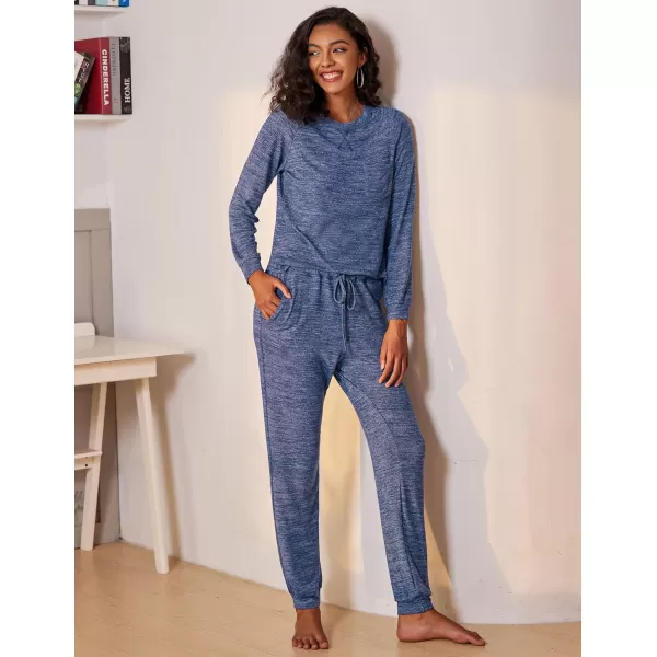 Ekouaer Womens Pajamas Set Long Sleeve Loungewear Soft Joggers Lounge Set with PocketsNavy Blue