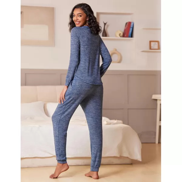 Ekouaer Womens Pajamas Set Long Sleeve Loungewear Soft Joggers Lounge Set with PocketsNavy Blue