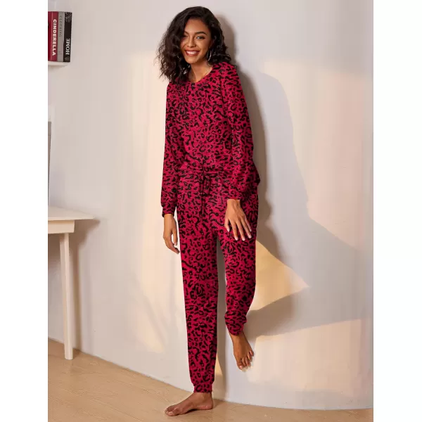 Ekouaer Womens Pajamas Set Long Sleeve Loungewear Soft Joggers Lounge Set with PocketsRed Leopard