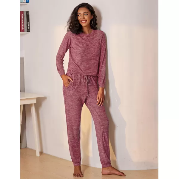 Ekouaer Womens Pajamas Set Long Sleeve Loungewear Soft Joggers Lounge Set with PocketsWine Red