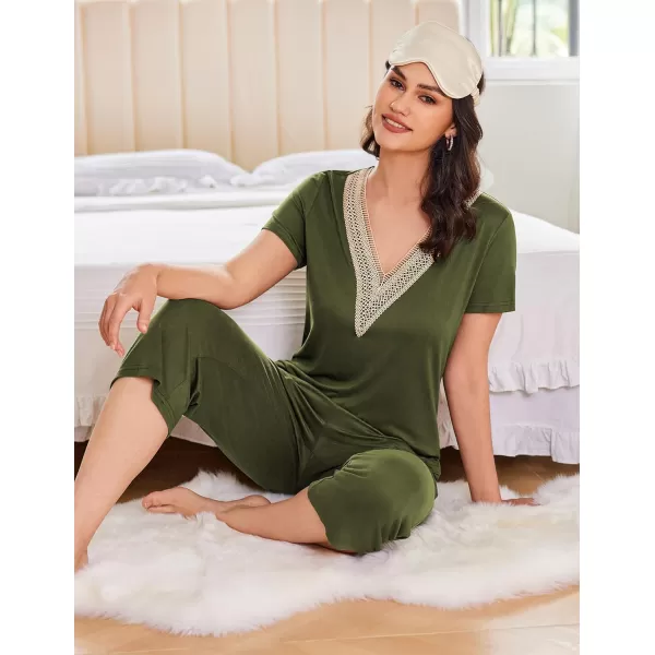 Ekouaer Womens Pajamas Set Short Sleeve Lace V Neck Sleepwear Top Capri Pants Pjs Sets Soft Loungewear SXXLArmy Green