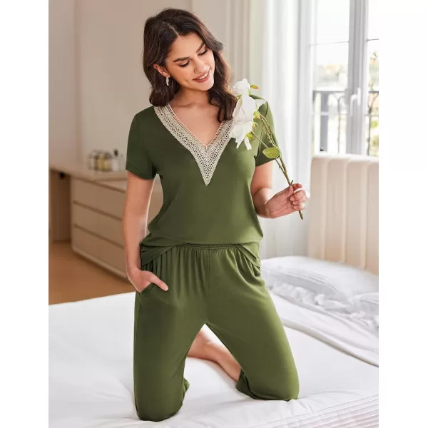 Ekouaer Womens Pajamas Set Short Sleeve Lace V Neck Sleepwear Top Capri Pants Pjs Sets Soft Loungewear SXXLArmy Green