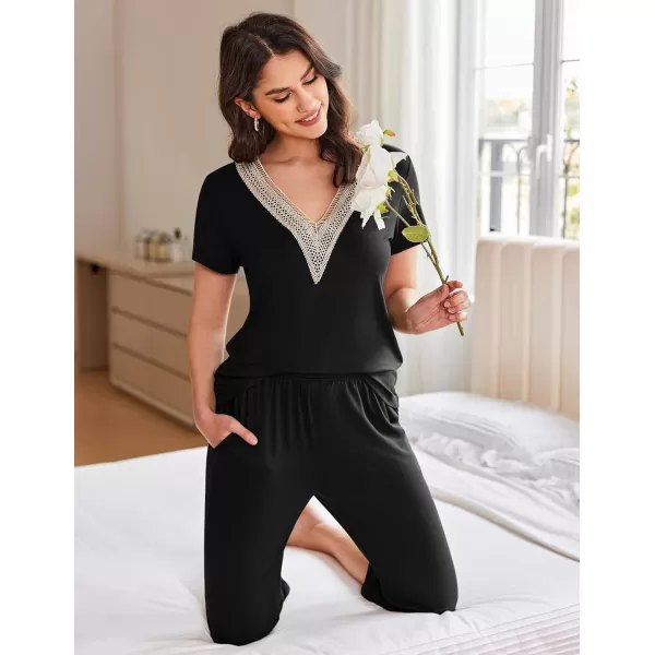 Ekouaer Womens Pajamas Set Short Sleeve Lace V Neck Sleepwear Top Capri Pants Pjs Sets Soft Loungewear SXXLBlack