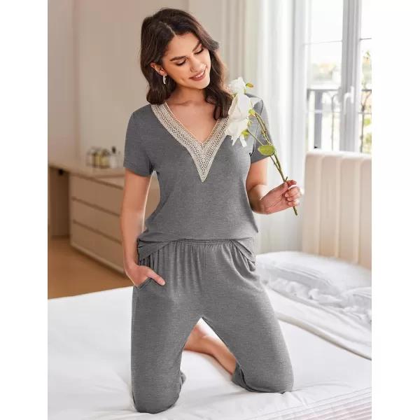 Ekouaer Womens Pajamas Set Short Sleeve Lace V Neck Sleepwear Top Capri Pants Pjs Sets Soft Loungewear SXXLGrey