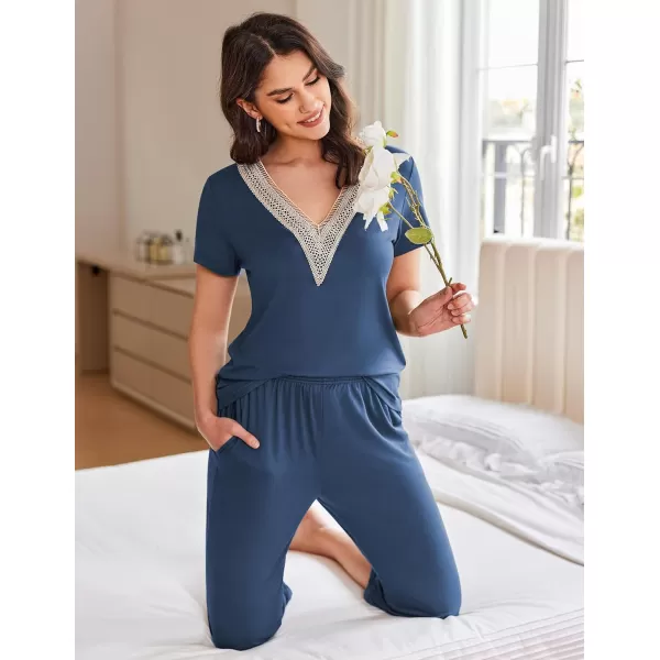 Ekouaer Womens Pajamas Set Short Sleeve Lace V Neck Sleepwear Top Capri Pants Pjs Sets Soft Loungewear SXXLNavy