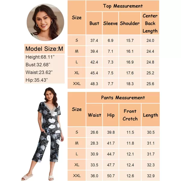 Ekouaer Womens Pajamas Set Short Sleeve Lace V Neck Sleepwear Top Capri Pants Pjs Sets Soft Loungewear SXXLWhite Flower Black