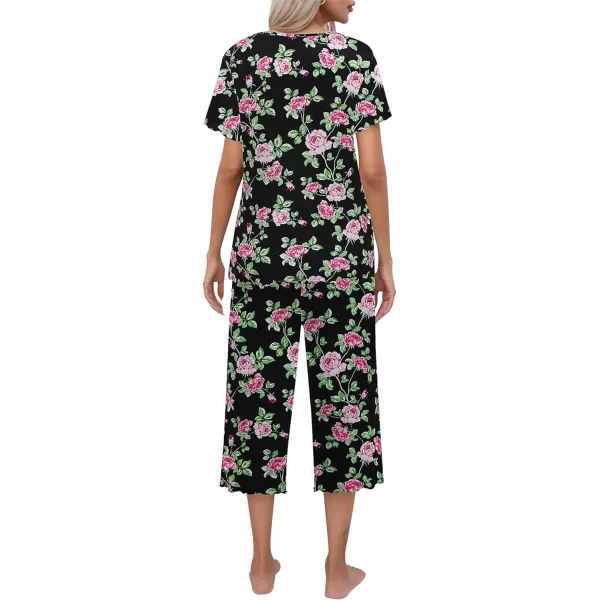 Ekouaer Womens Pajamas Set Short Sleeve Sleepwear Top Capri Pants Pjs Sets Soft Loungewear SXXLBlack With Pink Flower